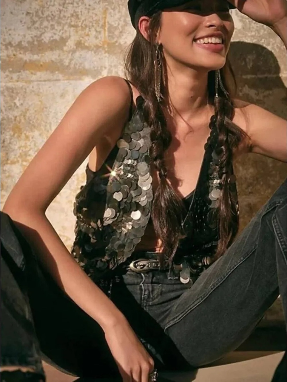 Free People Sequin Coin-Embellished Black Vest
